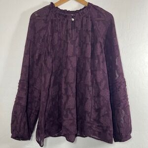 J. Jill Womens Plum Purple Floral Burnout Sheer Blouse Ruffle Neck Top Medium